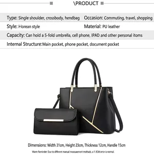 Black PU leather handbag set with gold metal V-trim and matching wallet for women