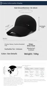 Size chart showing extended brim baseball cap dimensions and head measurement guide