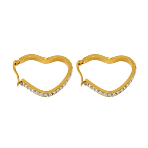 18k gold plated stainless steel heart hoop earrings with sparkling rhinestones on white
