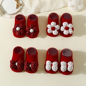 Red baby non-slip floor socks with 3D flower and bow decorations for Christmas