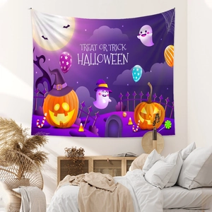 Detail view of Halloween tapestry fabric featuring pumpkins and ghosts hanging on a bedroom wall