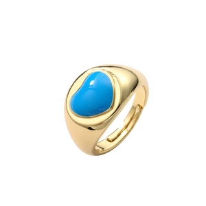 Adjustable gold ring featuring a polished sky blue enamel heart-shaped ornament
