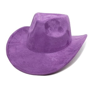 Detailed top view of a purple faux suede cowboy hat showing the textured crown and brim