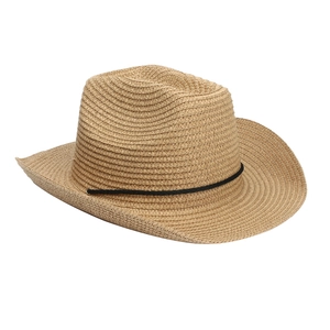 Detailed view of the paper straw weaving and black decorative string on the cowboy sun hat