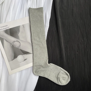 Detailed view of grey ribbed knit knee-high socks showing fine texture and weave detail