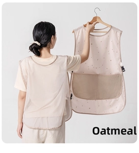 Breathable mesh back detail of oatmeal beige waterproof apron with adjustable buckle