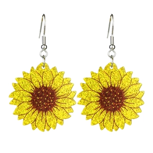Detailed view of yellow sunflower earrings with glitter texture and silver hook wires