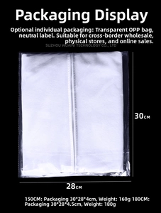 Detail of white non-woven wedding dress dust cover packaging with zipper and dimensions