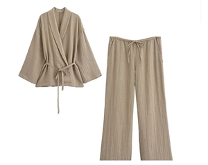 Close-up of khaki cotton linen kimono set showing natural fabric texture and tie closure