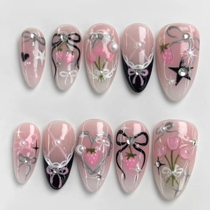 Unghie A Pressione Fatte A Mano 3D Fiore Fiocco Rosa Nero Mandorla Lunga Unghie Finte Manicure Decorazione Donne Dolce Y2K