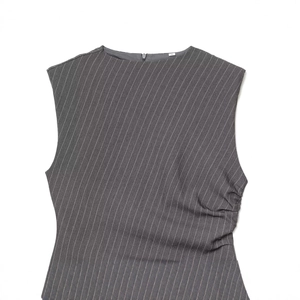 Sleeveless charcoal pinstripe dress with shoulder pads and ruched side detail for women