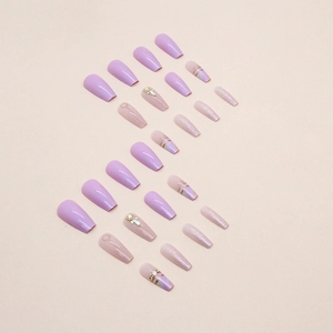 Taro purple aurora press-on nails with glitter accents and diamond pearls in ballet style