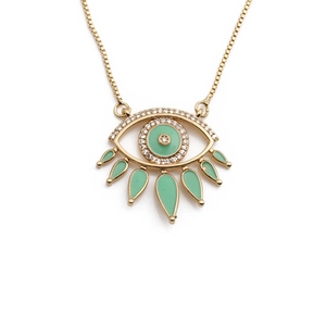 Gold-plated Evil Eye pendant necklace with mint green enamel and sparkling zircon accents