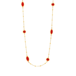 Lange Edelstahl-Halskette in Gold mit facettierten roten Anhängern aus tschechischem Glas