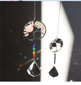 Macro detail of Tree of Life suncatcher with colorful beads and crystal prism pendant