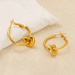 Chic heart pendant hoop earrings in bright gold stainless steel for stylish women