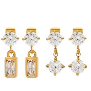 Elegant gold stainless steel earrings with square and round zircon crystal pendants