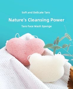 Detail of pink heart and white bear konjac sponges showing natural porous texture