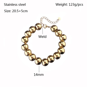 Polished 14mm gold stainless steel bead bracelet with adjustable extension chain