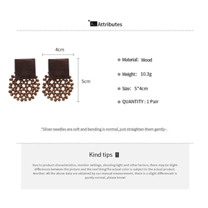 Detailed view of vintage wood square and beaded drop earrings with S925 silver needles