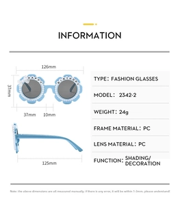 Detailed size chart for light blue flower birthday sunglasses with pearl accents