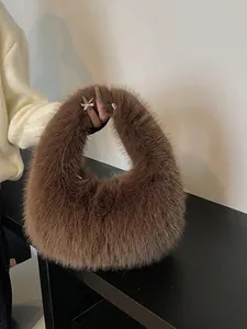 Faux Fur Handbag Women Soft Plush Shoulder Bag Synthetic Leather Lining Chic Winter Warm Tote Minimalist Underarm Bag