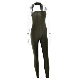 Detail view of dark green backless halter neck bodysuit on a transparent mannequin