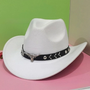 Detailed shot of white felt western cowboy hat with silver bull head buckle and studs