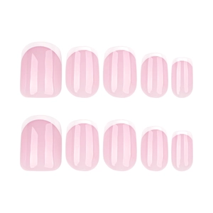 Minimalist short square French tip press-on nails in pink base with high-gloss finish