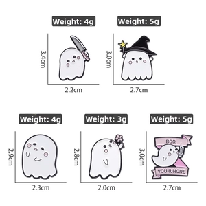 Detailed size and weight chart for cute cartoon ghost enamel pins in various poses
