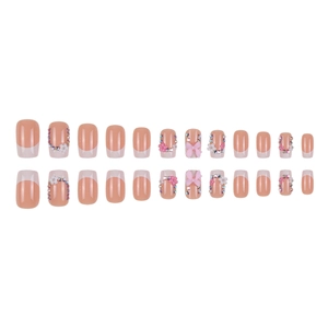 French tip press-on nails with 3D bows, rhinestones and floral designs in a 24-piece set