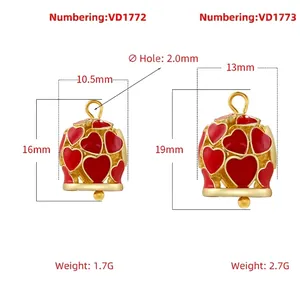 Golden heart bell charms with red enamel for DIY bracelets and necklaces jewelry making