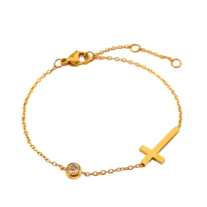 Gold stainless steel cross anklet with sparkling zircon gemstone on a minimalist chain