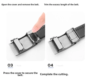 Detail guide showing how to trim and adjust the men's leather automatic buckle belt length