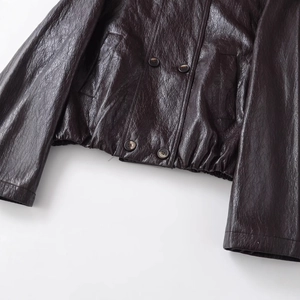 Women's dark brown PU leather jacket featuring double-breasted buttons and elastic hem