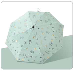 Detailed top view of mint green umbrella featuring various cartoon cat and dog illustrations