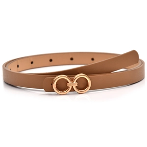 Detail of light brown thin leather belt with a golden double ring buckle and pin holes
