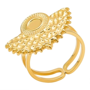 Macro detail of adjustable gold-plated ring with hammer-textured sunburst design