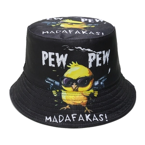 Close-up of printed cartoon chicken pattern and Pew Pew text on black cotton bucket hat