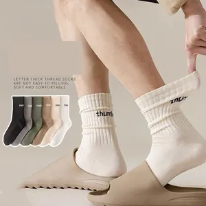 Chaussettes Mi-Mollet Mélange Coton Tricot Côtes Lettres Brodées Sportif Décontracté Respirant Épais Unisexe Multicolore Style Rétro