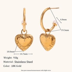 18K gold plated stainless steel heart pendant earrings with detailed measurements