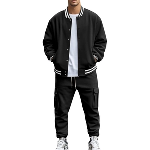 Front full view of men's black baseball jacket and cargo jogger pants sports tracksuit set