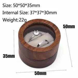 Round walnut wood ring box with transparent window and specific dimensions 50x35mm