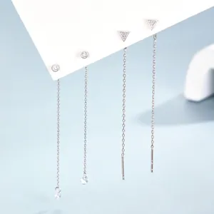 S925 sterling silver long tassel earrings with round and triangle zircon pendants