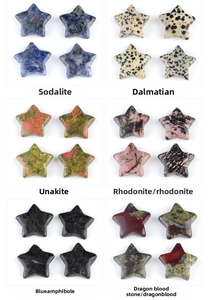 Polished star-shaped natural stones in sodalite, dalmatian, unakite, and rhodonite types