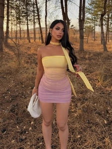 Gradient Ruched Tube Mini Dress Sexy Bodycon Strapless Milk Satin Clubwear Dress With Matching Scarf For Women