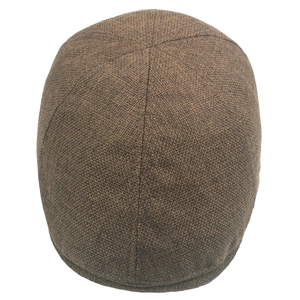 Brown linen newsboy cap with breathable textured fabric for outdoors in a top-down view