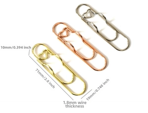 Detailed size specifications of heart-shaped metal pen clips in gold and silver