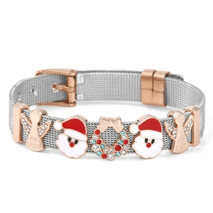 Christmas mesh bracelet with rose gold Santa, angel, and wreath charms on silver band