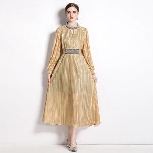 Elegant gold pleated maxi dress with rhinestone detailing on neckline and waist